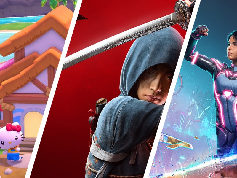 Screenshot-Collage aus Hello Kitty: Island Adventure, Assassin's Creed Shadows und Split Fiction.
