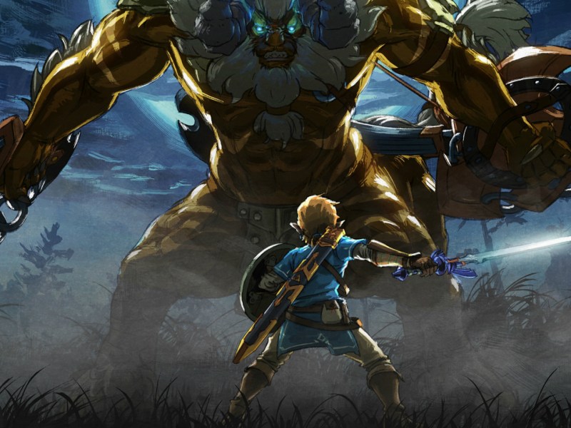 Artwork zu The Legend of Zelda: Breath of the Wild mit Hauptcharakter Link und einem epischen Gegner