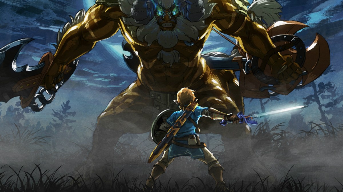 Artwork zu The Legend of Zelda: Breath of the Wild mit Hauptcharakter Link und einem epischen Gegner