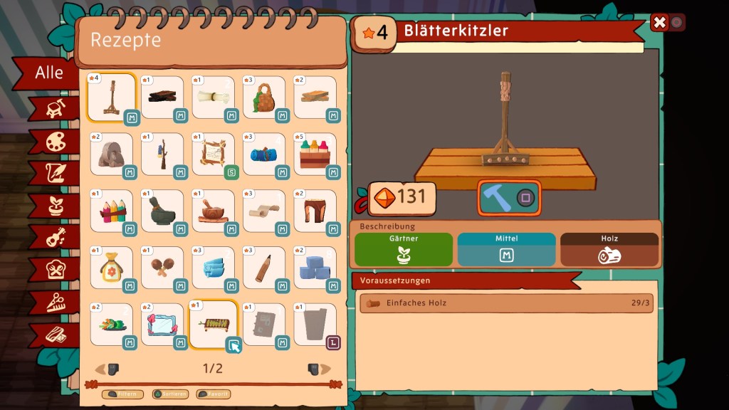 Crafting-Menü im Spiel Amber Isle