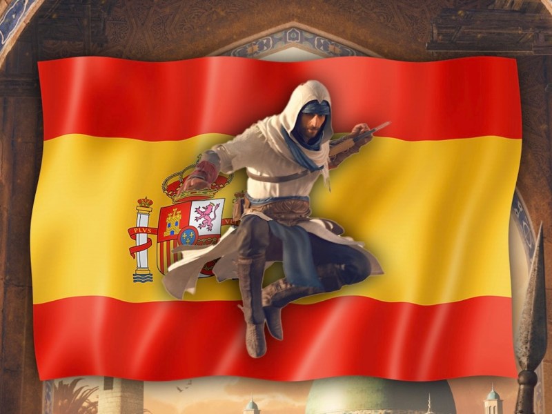 Der AttentÃ¤ter Basim aus Assassin's Creed Mirage vor der spanischen Flagge.