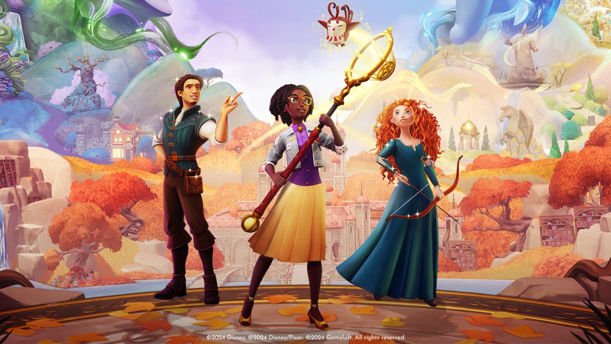 Flynn Rider und Merida mit Spielercharakter in Disney Dreamlight Valley