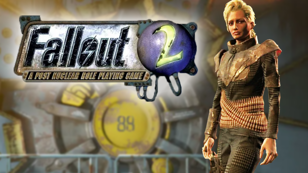 Eine Bildmontage, mit einem weiblich gelesenem Charakter aus Fallout 4 im Fokus. Daneben: Das Logo von Fallout 2.