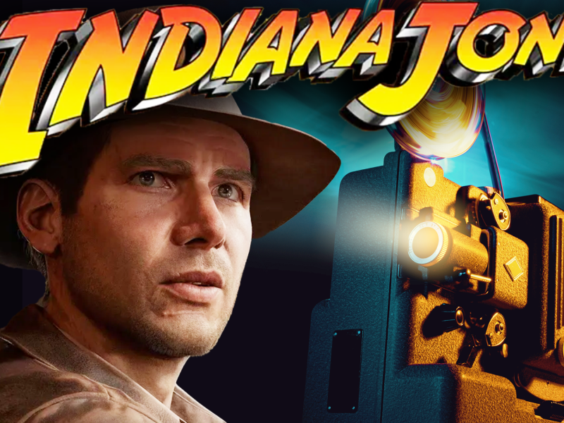 Eine Bildmontage, die Harrison Ford in seiner Paraderolle als Indiana Jones zeigt. Daneben: Ein Filmprojektor.