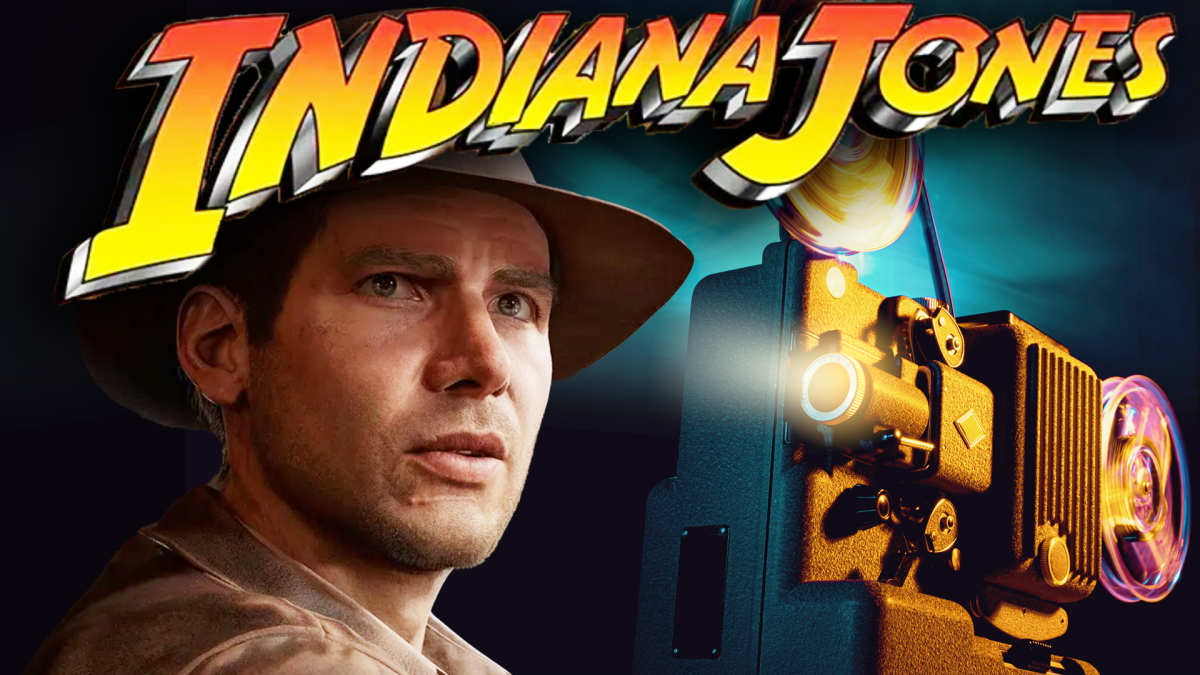 Eine Bildmontage, die Harrison Ford in seiner Paraderolle als Indiana Jones zeigt. Daneben: Ein Filmprojektor.