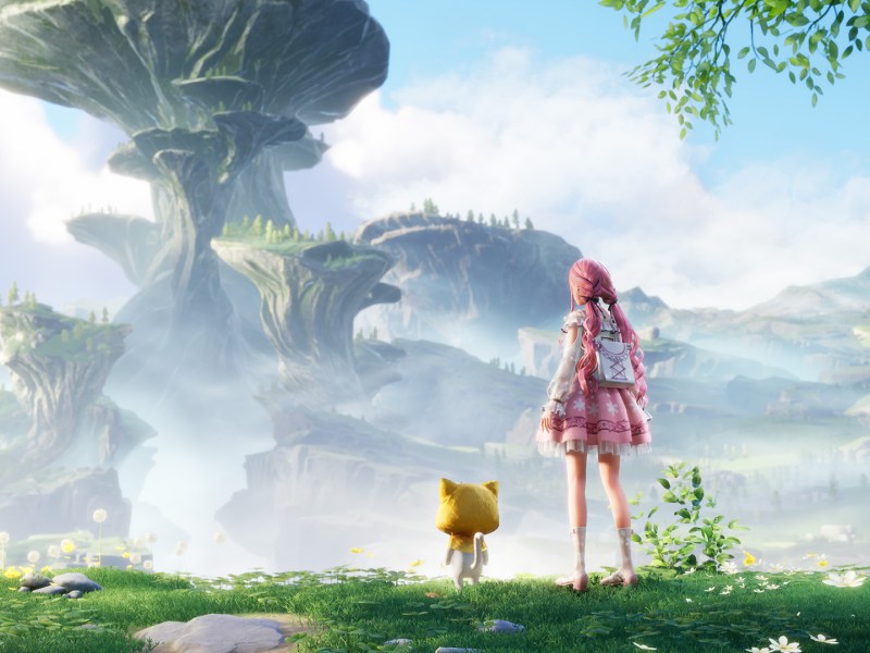 Bild zum Spiel Infinity Nikki mit Hauptcharakter Nikki und Katzenwesen Momo vor einer Landschaft