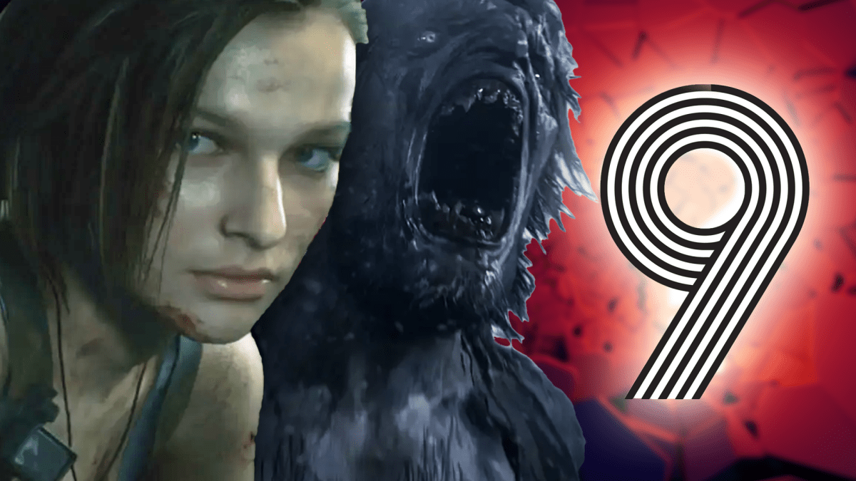 Eine Bildmontage, die Jill Valentine zeigt, auÃŸerdem einen Lycan aus Resident Evil Village und ein groÃŸe, fette Ziffer neun.