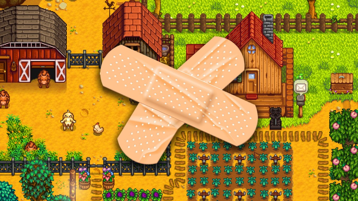 Screenshot aus Stardew Valley und zwei Ã¼bereinander gelegte Pflaster