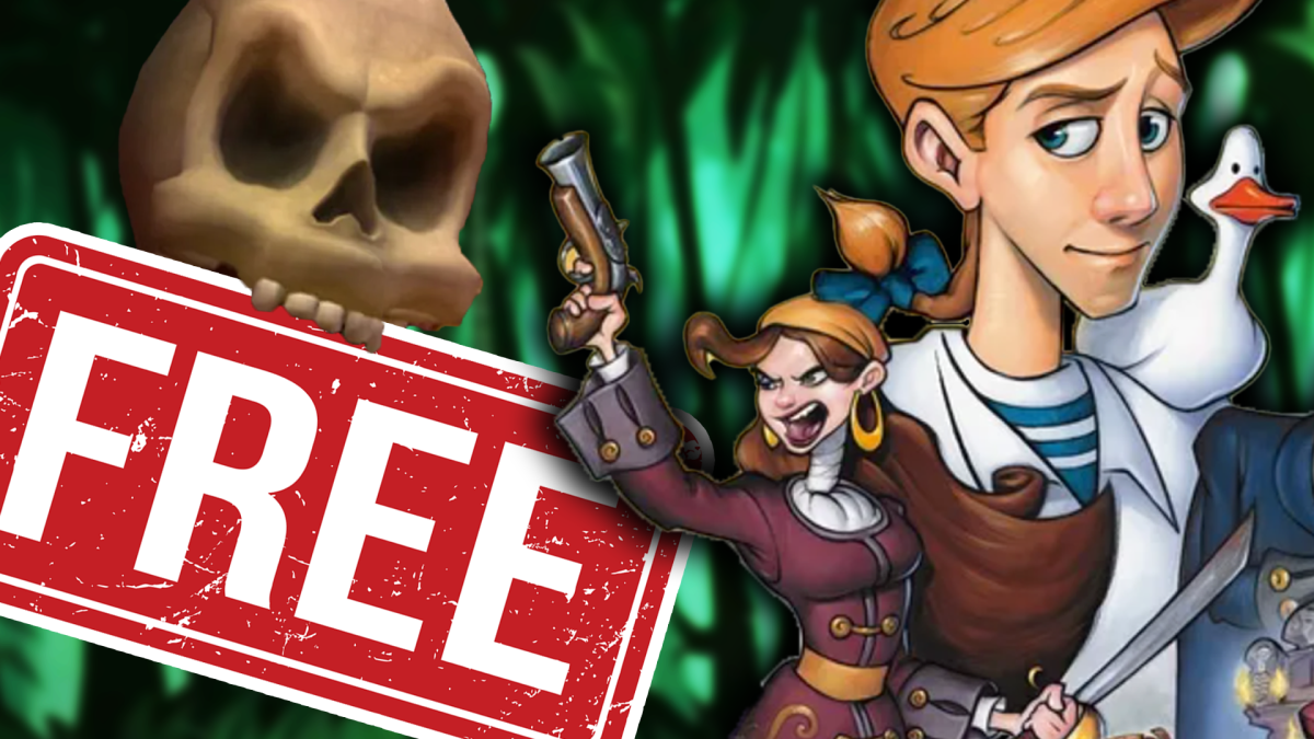 Eine Bildmontage, die Elaine Marley, Guybrush Threepwood und den dÃ¤monischen TotenschÃ¤del Murray zeigt - Charaktere aus den Monkey Island-Spielen.