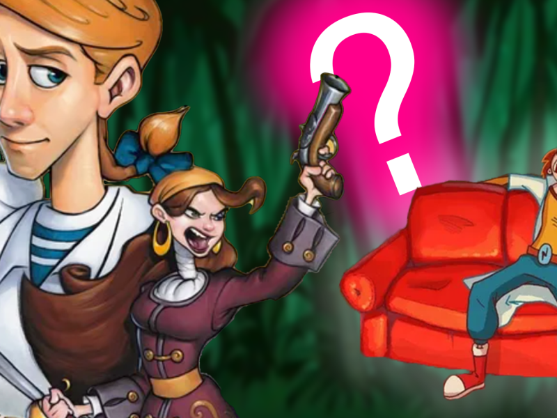 Eine Bildmontage, die Guybrush Threepwood und Elanie Marley aus Monkey Island zeigt - Elroy aus Alroy and the Aliens.