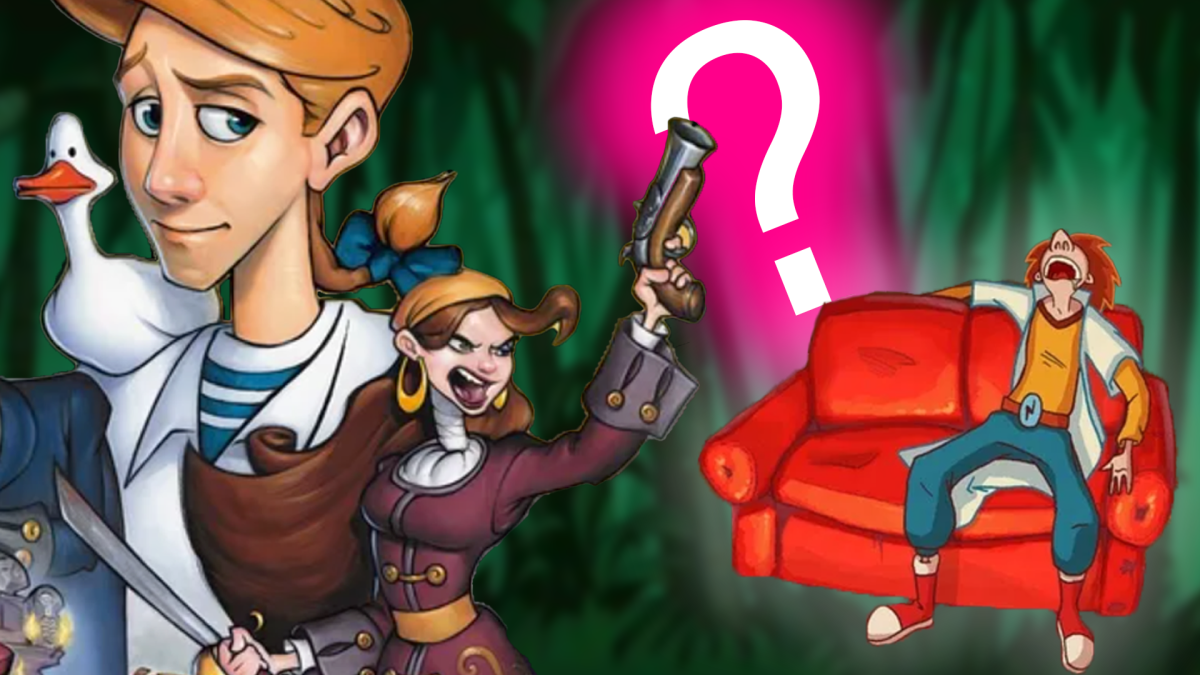 Eine Bildmontage, die Guybrush Threepwood und Elanie Marley aus Monkey Island zeigt - Elroy aus Alroy and the Aliens.