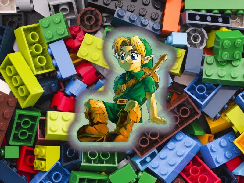 Fotomontage von Link aus Ocarina of Time vor einem Haufen Legosteinen