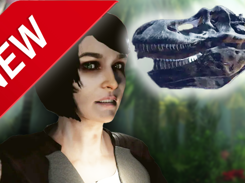 Eine Bildmontage, welche die weiblich gelesene Protagonistin aus Paleophage zeigt - daneben lugt ein T-Rex-Skelett ins Bild.