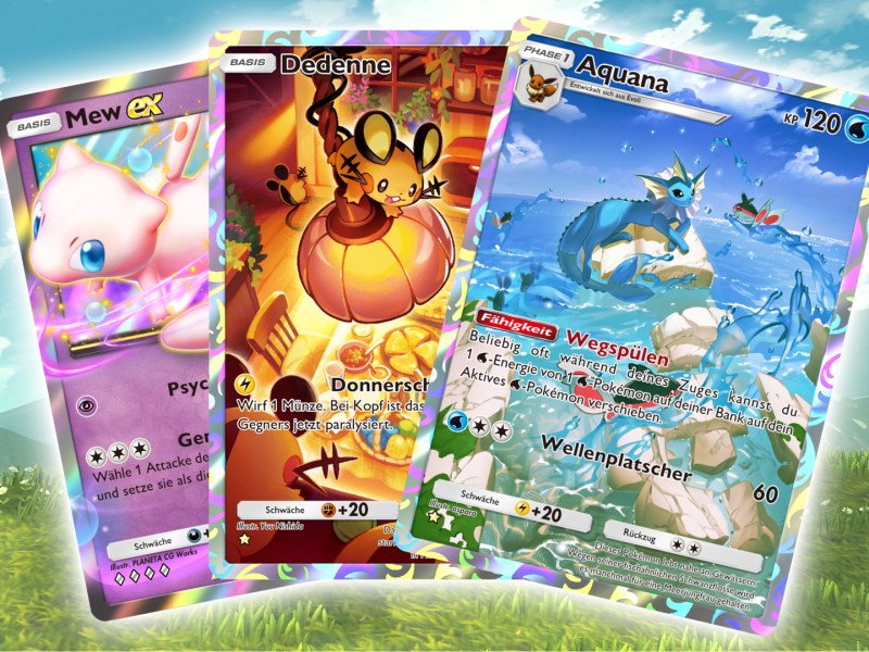 Ein Screenshot aus PokÃ©mon-Legenden: Arceus mitsamt drei Karten aus PokÃ©mon TCG Pocket.