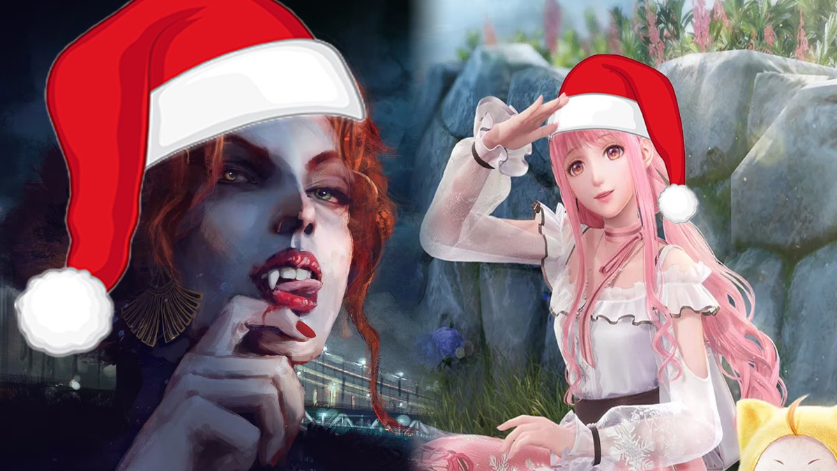 Screenshot aus Vampire: The Masquerade - Coteries of New York und Infinity Nikki, wobei beide Bilder mit WeihnachtsmÃ¼tzen versehen sind.