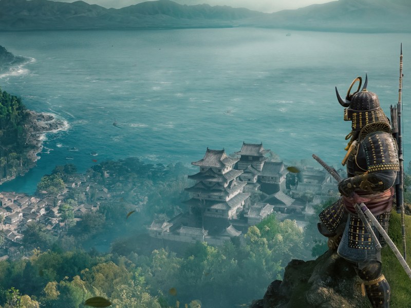 Screenshot aus Assassin's Creed Shadows. Yasuke steht auf einem HÃ¼gel und blickt Ã¼ber die Landschaft.