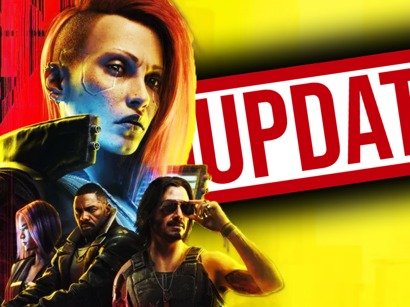 Eine Bildmontage, die einen bunten StrauÃŸ Charaktere aus Cyberpunk 2077 zeigt - daneben: Ein roter Update-Button.