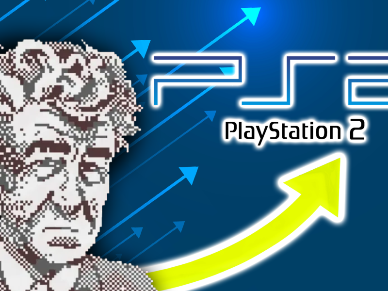 Eine Bildmontage, die eine verpixelte Version von David Lynch zeigt. Daneben: Die Wortmarke der PlayStation 2.