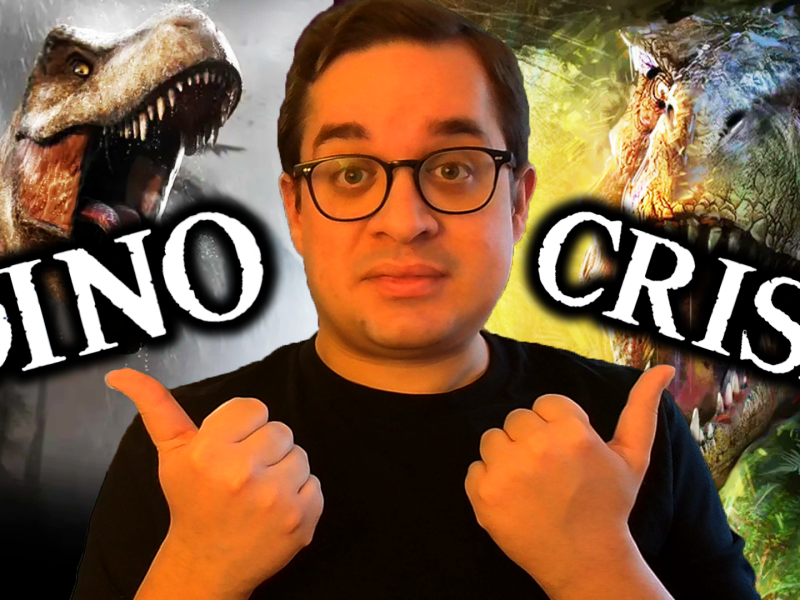 Eine Bildmontage, die einen Redakteur des Spielemagazin 4P zeigt - daneben: jeweils ein Raubsaurier aus den Spielen Carnivores: Dinosaur Hunter und Jurassic World Evolution. Auch zu sehen: Der Dino Crisis-Schriftzug.