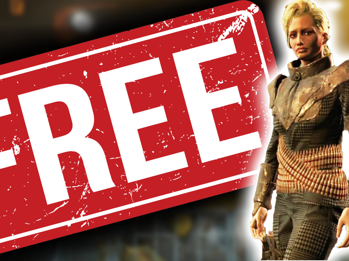 Eine Bildmontage, die einen weiblich gelesenen Charakter aus Fallout 4 zeigt. Daneben; ein rot-weißer Free-Button.