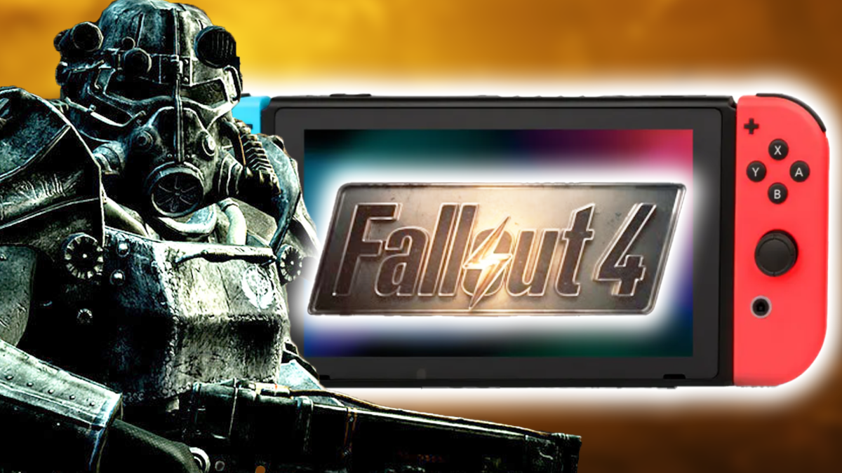 Eine Bildmontage, die ein Mitglied der StÃ¤hlernen Bruderschaft gekleidet im Power-Anzug zeigt. Daneben: Eine Nintendo-Switch, auf der das Fallout 4-Logo prangt.