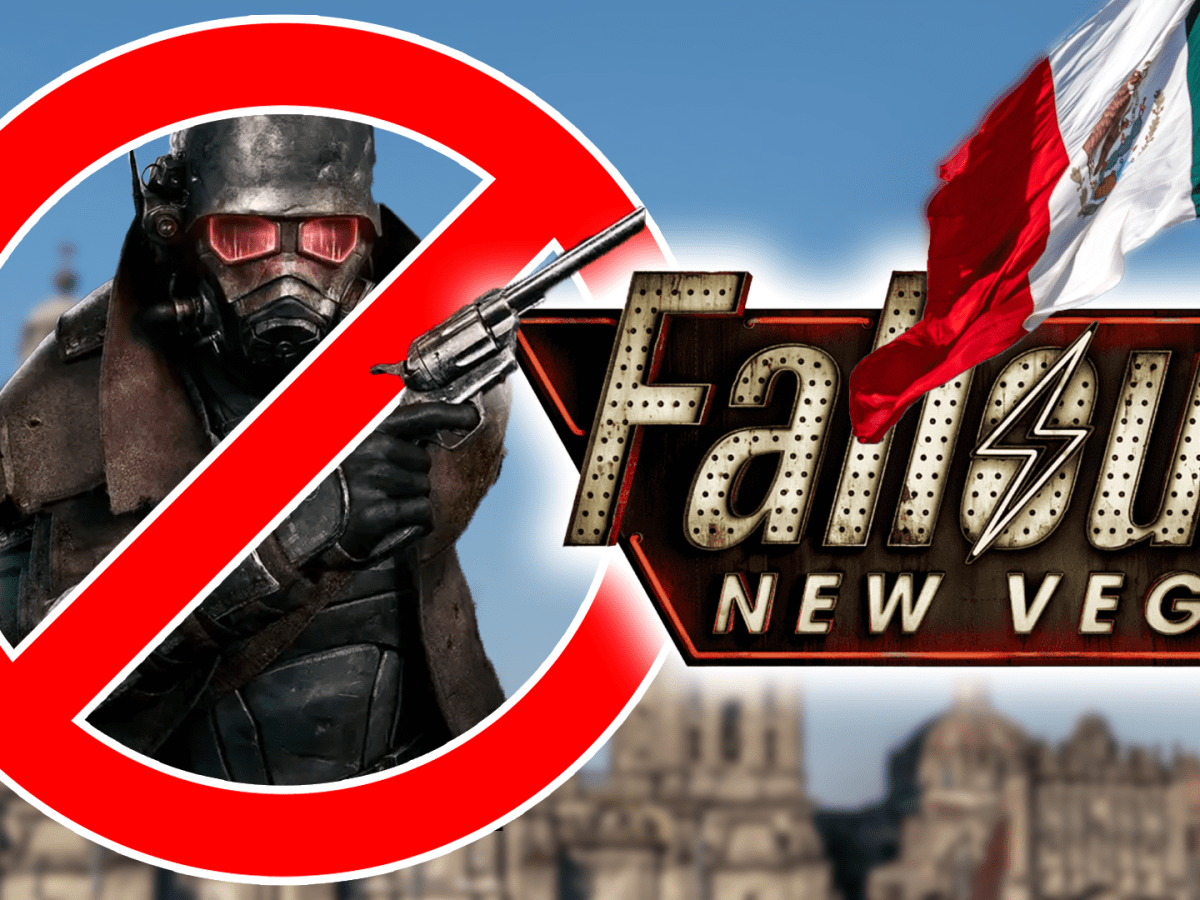 Eine Bildmontage, die eine Charakter aus dem Rollenspiel Fallout New Vegas zeigt. Daneben: Die Bildmarke von Fallout New Vegas und die mexikanische Landesflagge.