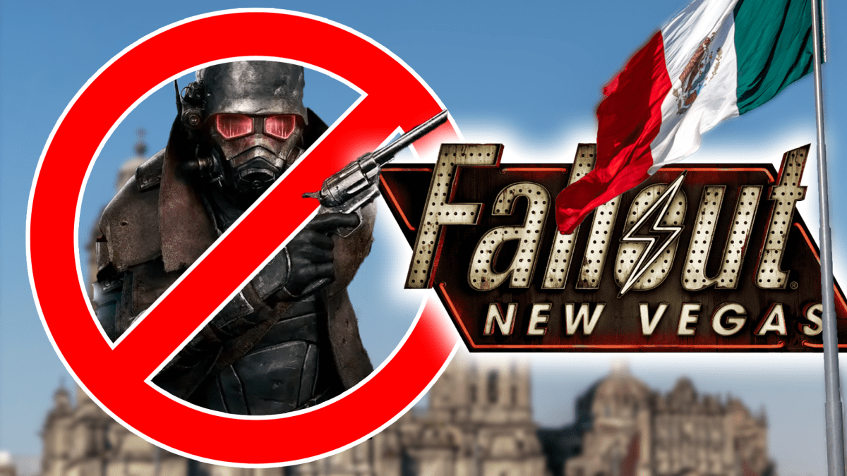 Eine Bildmontage, die eine Charakter aus dem Rollenspiel Fallout New Vegas zeigt. Daneben: Die Bildmarke von Fallout New Vegas und die mexikanische Landesflagge.