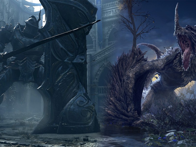 Ein Screenshot von Demon's Souls und Elden Ring, die miteinander verschmelzen.