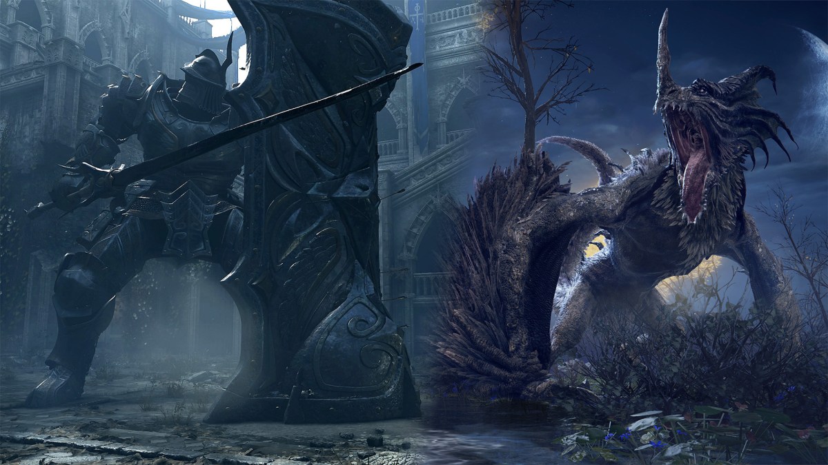Ein Screenshot von Demon's Souls und Elden Ring, die miteinander verschmelzen.