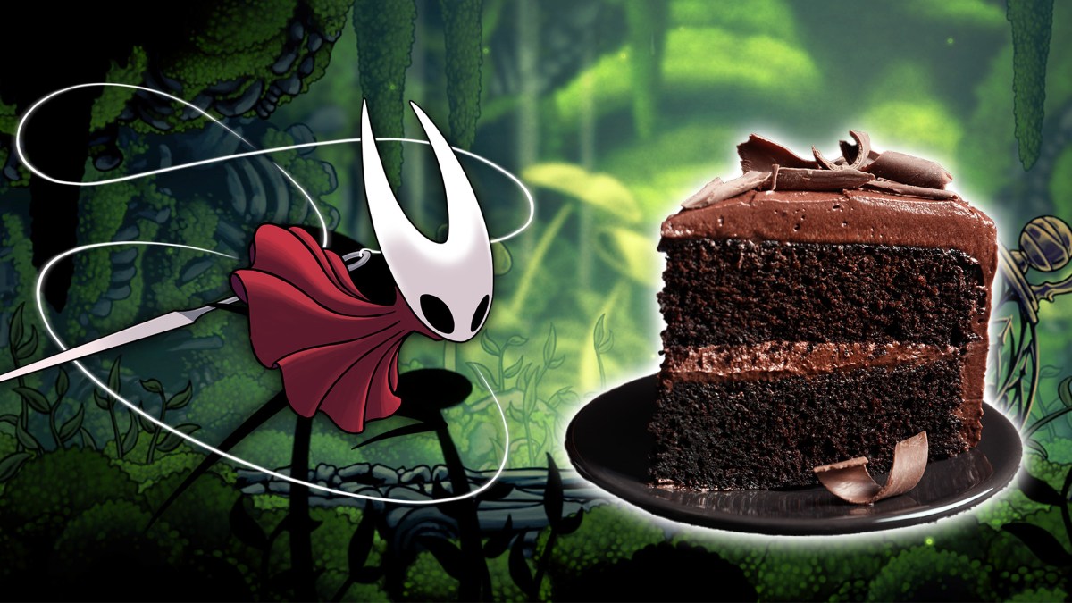 Ein Screenshot von Hollow Knight Silksong mit einem StÃ¼ck Schokokuchen darauf.