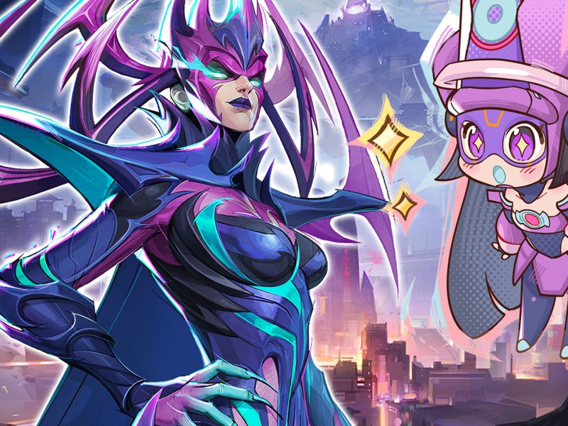 Artwork aus einer Karte von Marvel Rivals. Im Vordergrund ist der Galacta-Skin von Hela sowie ein Spray zu sehen.