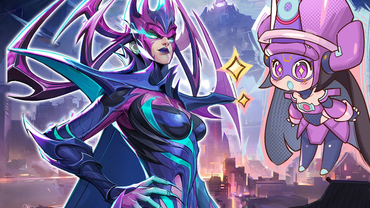 Artwork aus einer Karte von Marvel Rivals. Im Vordergrund ist der Galacta-Skin von Hela sowie ein Spray zu sehen.