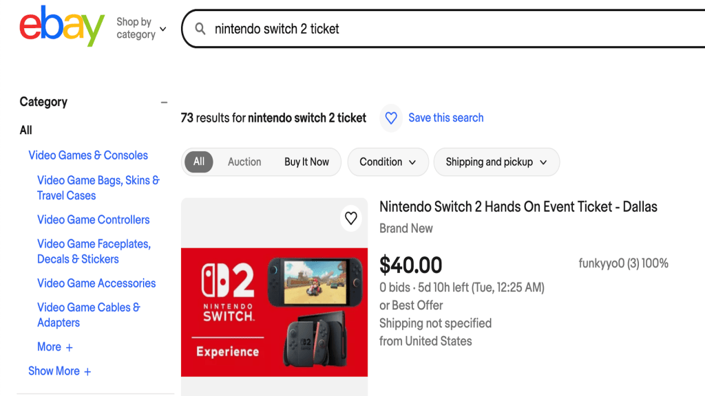 Ein Screenshot von eBay, auf dem eine Einladung zu einem Nintendo Switch 2 Event zu sehen ist.