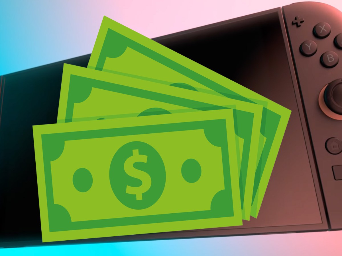 Bild von der Nintendo Switch 2. Versehen mit comichaften US-Dollar-Scheinen.