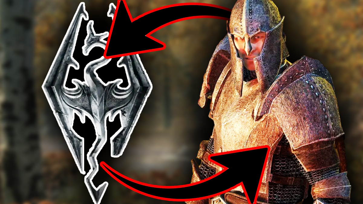 Eine Bildmontage, die einen mÃ¤nnlich gelesenen Charakter aus The Elder Scrolls IV: Oblivion zeigt. Daneben: Das Wappen aus The Elder Scrolls V: Skyrim.