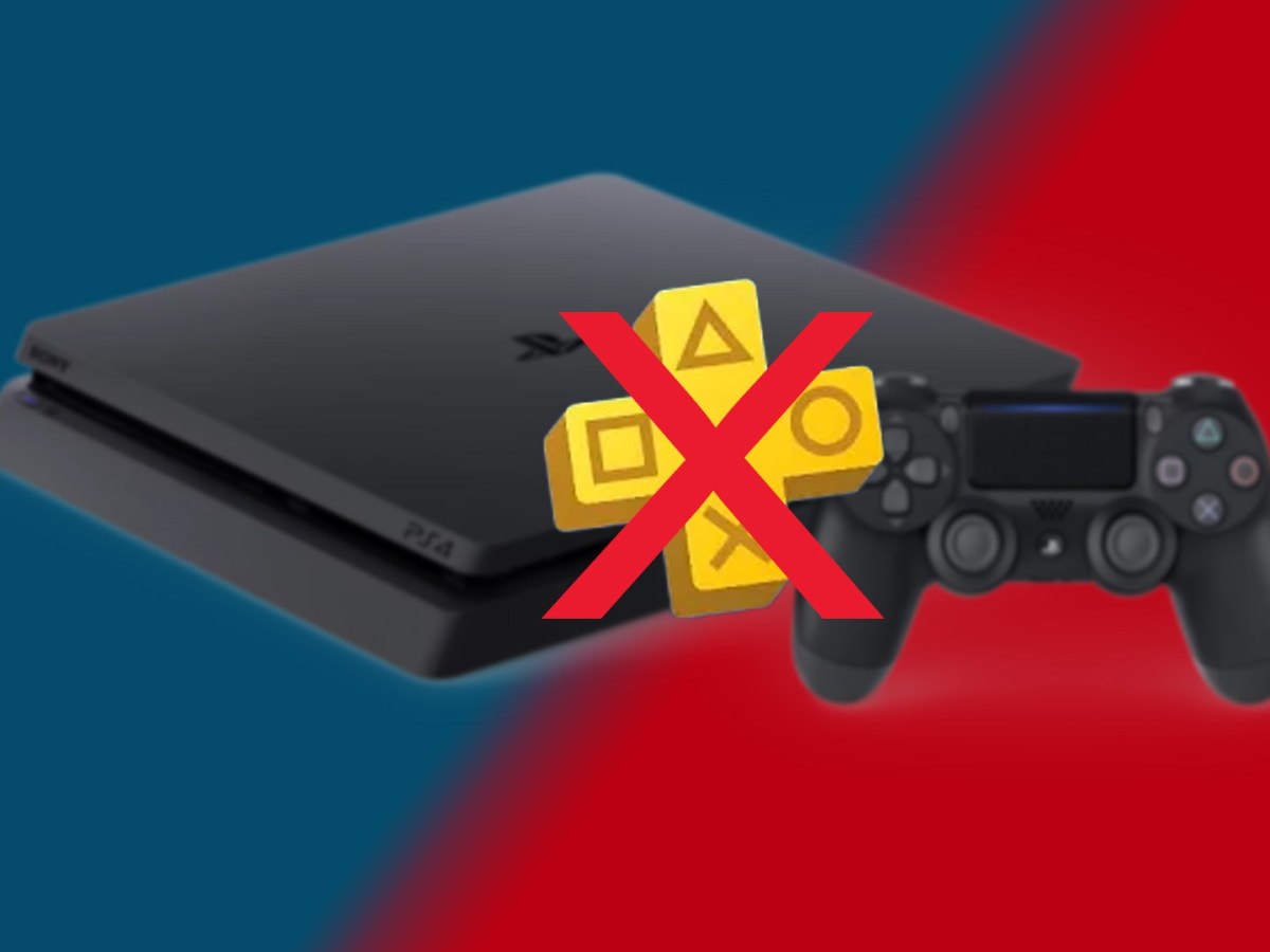 Foto der PlayStation 4 versehen mit einem mit X durchgestrichenen Logo von PS Plus.
