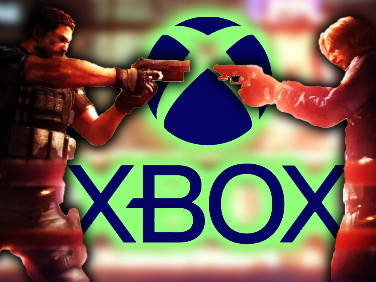 Eine Bildmontage, die zwei mÃ¤nnlich gelesene Charaktere aus Resident Evil 6 zeigt. Zwischen beiden befindet sich das Xbox-Logo.