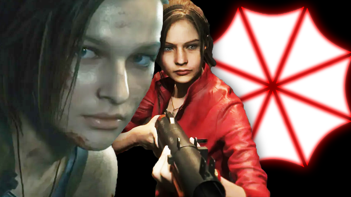 Eine Bildmontage mit drei Bildbestandteilen: Jill Valentine, Claire Redfield und das Umbrella-Logo.