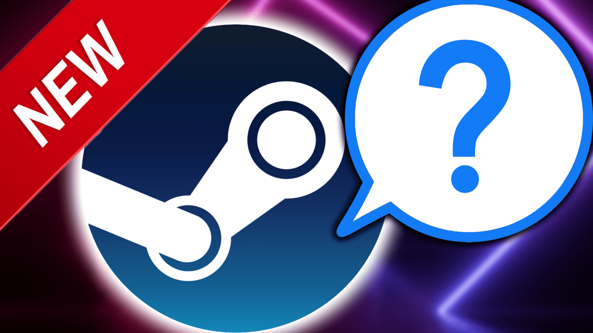 Eine Bildmontage, bestehend aus dem Steam-Logo, einem groÃŸen Fragezeichen und einem News-Wimpel.