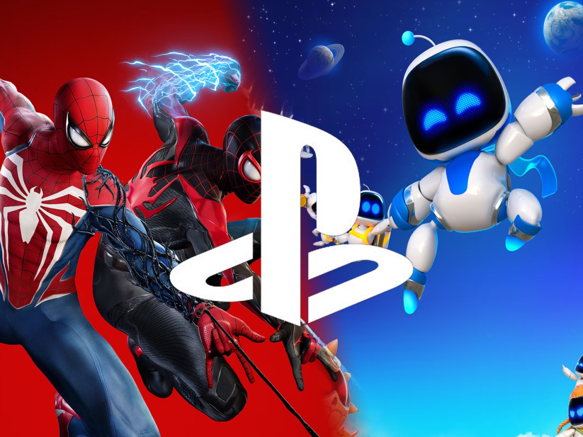 Screenshot-Collage aus Marvel's Spider-Man 2 und Astro Bot. In der Mitte ist das Logo der PlayStation zu sehen.
