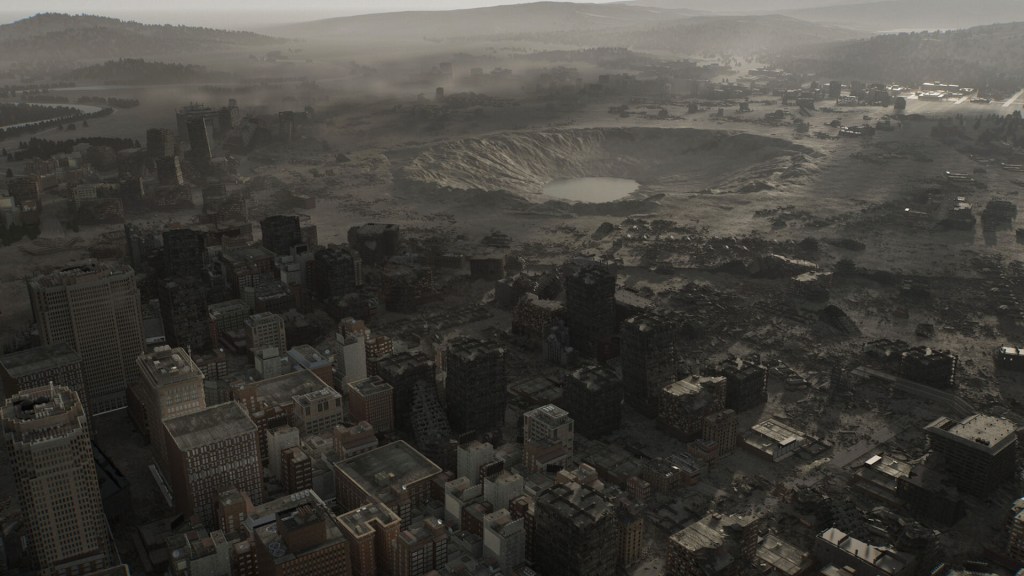 Ein Screenshot zu Resident Evil Requiem, der Raccoon City nach dem nuklearen Angriff zeigt.