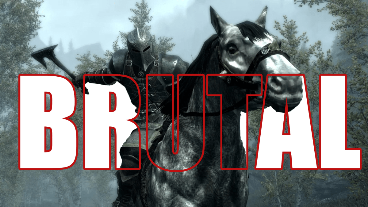 Eine Bildmontage, die einen Screenshot aus dem Computerspiel The Elder Scrolls 5: Skyrim zeigt. Über allem prangt der Schriftzug 