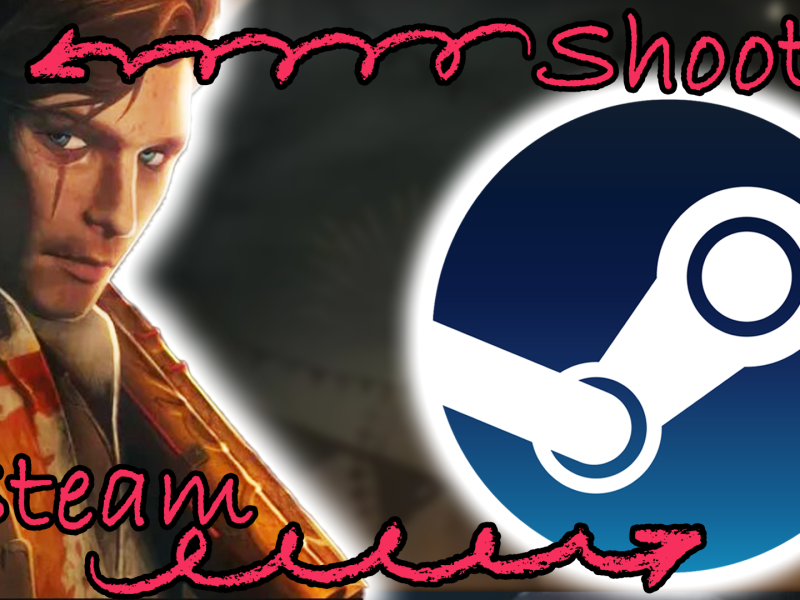 Eine Bildmontage, die den männlich gelesenen Protagonisten des Computerspiels Twisted Tower zeigt - und das Steam-Symbol.