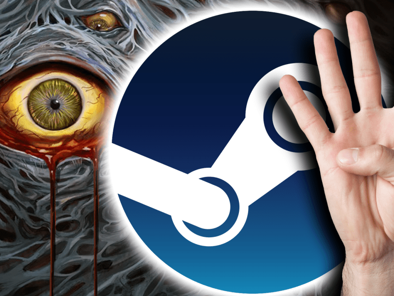Eine Bildmontage, die ein blutiges Auge zeigt und das Icon der Vertriebsplattform Steam.