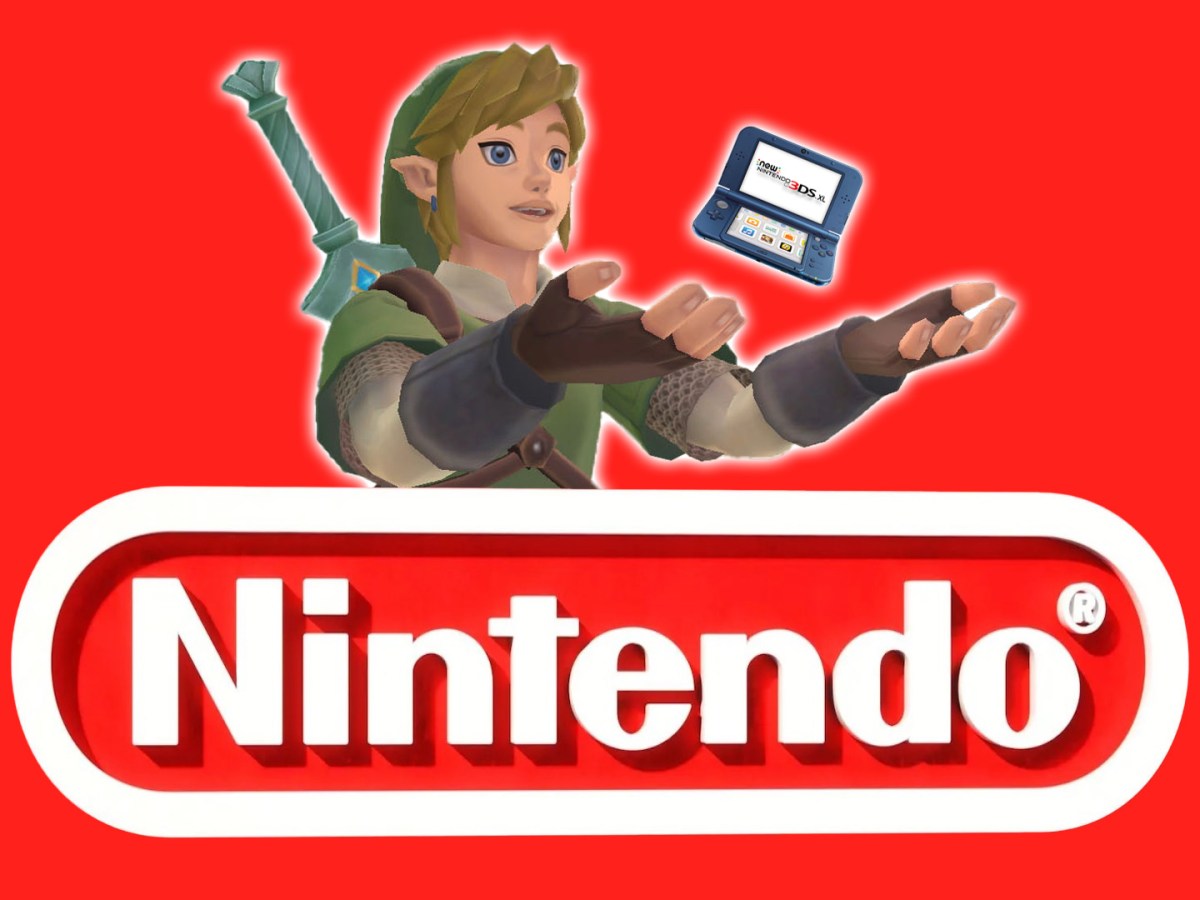 Das Nintendo-Logo, Link und ein 3DS auf rotem Hintergrund.