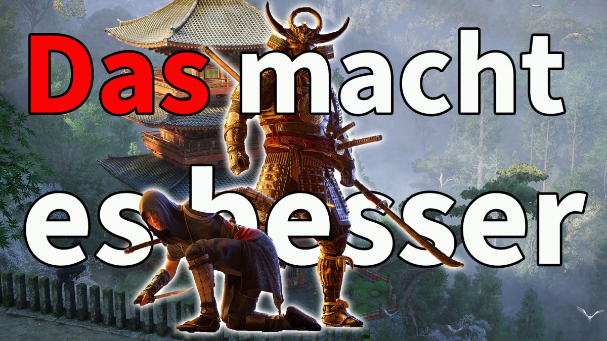 Ein Screenshot von Assassin's Creed Shadows mit Naoe und Yasuke und Schrift.