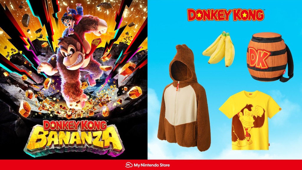 Bild-Collage: Rechts das Artwork zu Donkey Kong Bananza, links Merchandise zum Spiel.