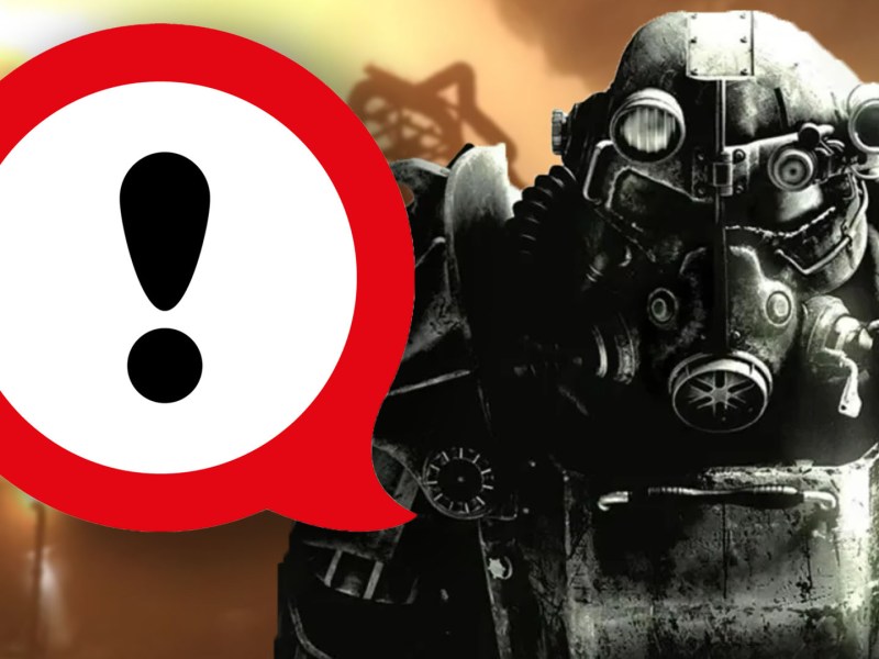 Fotomontage, in deren Zentrum ein Mitglied der Stählernen Bruderschaft gekleidet im Poweranzug aus den Fallout-Rollenspielen steht.