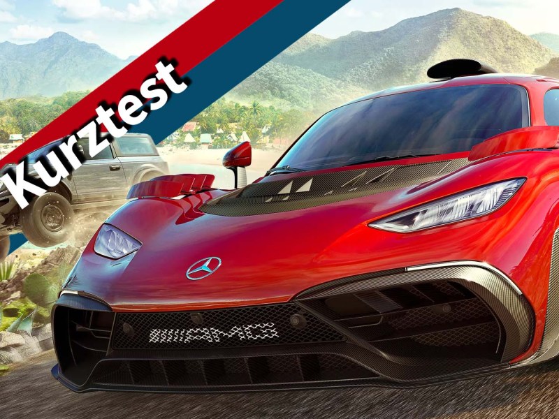 Artwork von Forza Horizon 5 versehen mit dem Testbanner von 4P.