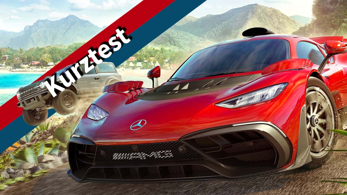 Artwork von Forza Horizon 5 versehen mit dem Testbanner von 4P.
